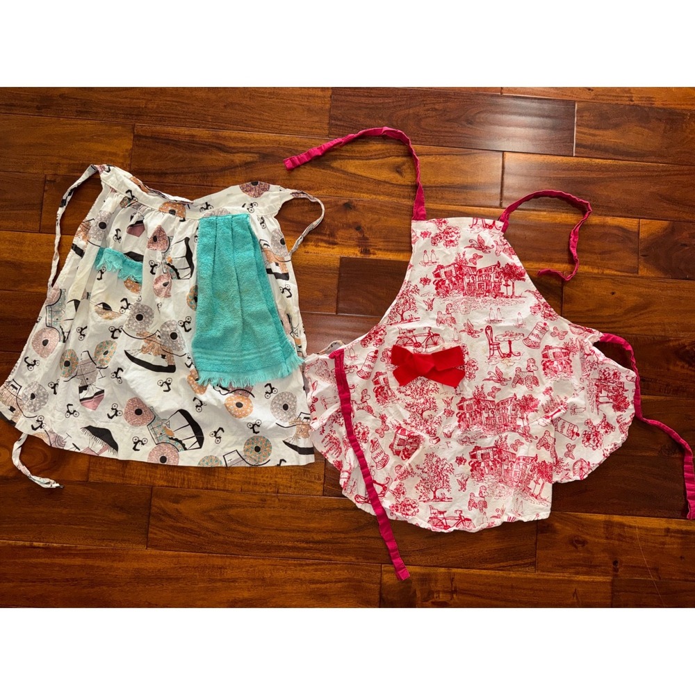 Vintage Apron Set Womens OS Red Teal Fair  Retro Toile Bicycle 2pc